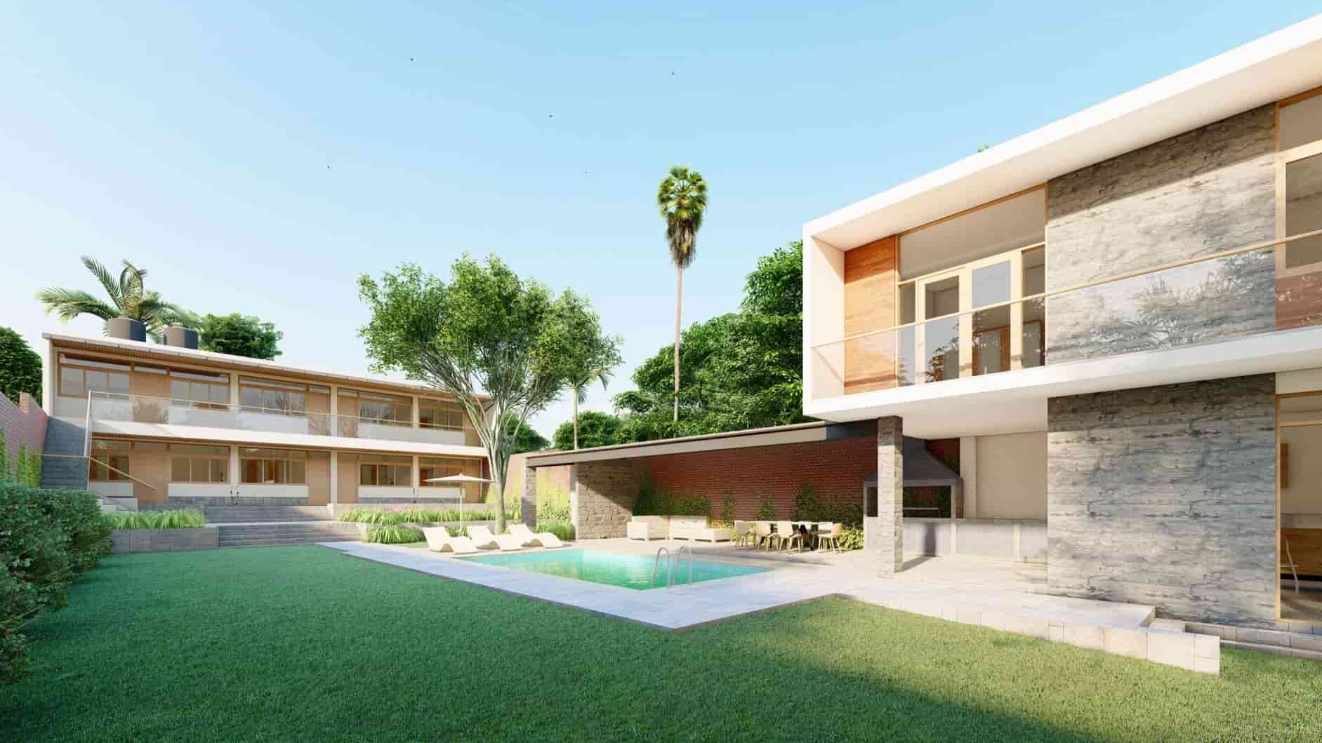 Render de una moderna casa de campo de dos pisos con fachada de piedra y madera en Chosica, Perú, con una amplia zona exterior con césped, piscina y área de parrilla cubierta por arqbimstudio