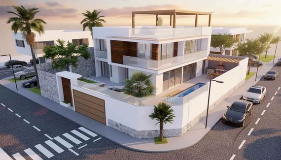 Render 3D de una casa moderna de tres niveles con piscina y terrazas sociales, diseño arquitectónico contemporáneo realizado por Arqbimstudio.